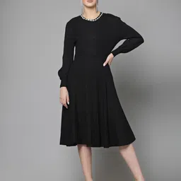 Mafadeny Puff Sleeves Fit & Flare Midi Dress-image-0