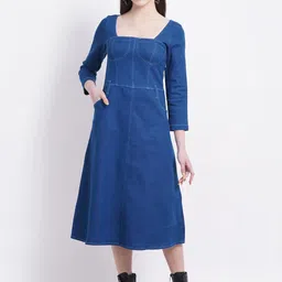 SUMAVI-FASHION Organic Cotton Denim Fit & Flare Midi Dress-image-6