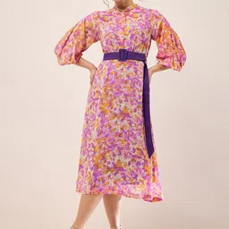Antheaa Purple Floral Print Mandarin Collar Puff Sleeve Chiffon Fit & Flare Midi Dress image 1