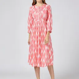 MeeMee Abstract Printed Tie-Up Neck Puff Sleeve Maternity Fit & Flare Midi Dress-picture-26