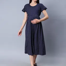 NIGHTSPREE Polka Dot Printed Round Neck Maternity Fit & Flare Dress-picture-40