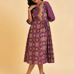 W Purple Ethnic Motifs Print Pure Cotton Fit & Flare Ethnic Midi Dress-image-56