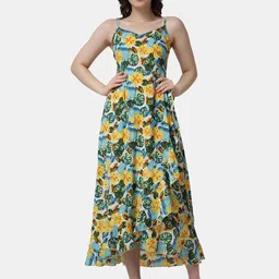 Popwings Floral Printed Shoulder Strap Gathered Fit & Flare Midi Dress-image-14
