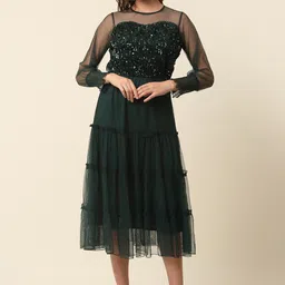plusS Green Tiered Sequinned Fit & Flare Midi Dress image 1