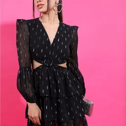 Tokyo Talkies Black Printed Puff Sleeve Fit & Flare Mini Dress-picture-0