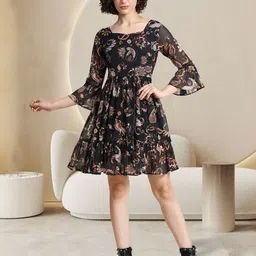 BAESD Floral Printed Square Neck Bell Sleeves Tiered Detail Georgette Fit & Flare Dress-picture-1