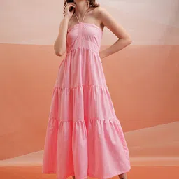Tokyo Talkies Rose-Coloured Halter Neck Tiered Maxi Dress-image-8