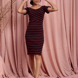 Lake Peace Navy Blue & Red Striped Pure Cotton Bodycon Dress-picture-12