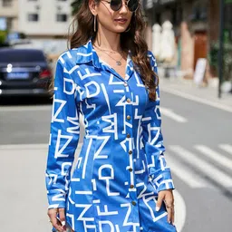 StyleCast Blue Typography Printed Cuffed Sleeves Mini Shirt Dress-image-70