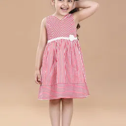 Hola Bonita Girls Striped V-Neck Corsage Detailed Cotton A-Line Dress-image-81