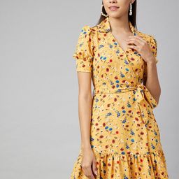 StyleStone Floral Printed Puff Sleeve Crepe Wrap Dress with Belt-picture-7