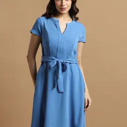 Allen Solly Woman Mandarin Collar Belted Fit & Flare Dress-picture-16