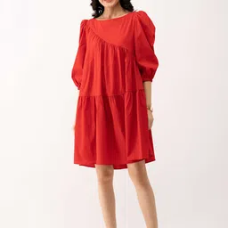AASK Boat Neck Puff Sleeve Tiered A-Line Dress-picture-13