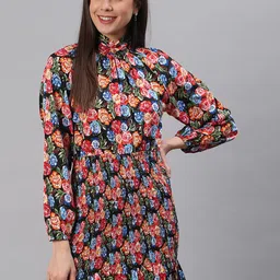 BAESD Floral Print Mock Neck Puff Sleeve Crepe A-Line Dress-picture-44