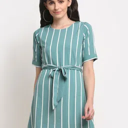 La Zoire Teal Blue & White Striped Crepe A-Line Dress image 1