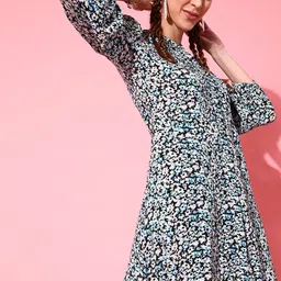 STREET 9 Women Blue Floral Printed Crepe Shirt Dress-image-10