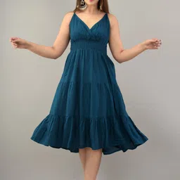 IQRAAR Blue Fit & Flare Tiered Midi Dress-image-94