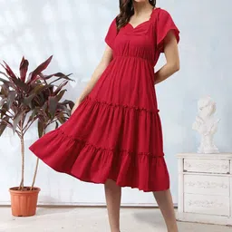 BAESD Sweetheart Neck Flared Sleeve Tiered Gathered Fit and Flare Midi Dress-picture-28