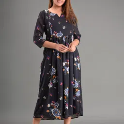 KALINI Women Black Floral Georgette Maternity A-Line Midi Dress-picture-19