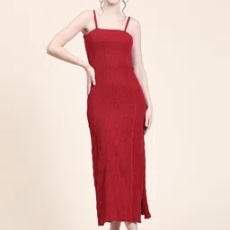 BAESD Shoulder Straps Smocked Detail Silk Sheath Midi Dress-image-52