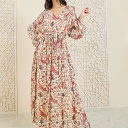 Styli Ethnic Motifs Printed Bishop Sleeves Tie Up Maxi Dress-picture-32