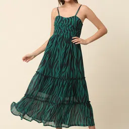 plusS Green Abstract Printed Shoulder Straps Tiered Fit & Flare Maxi Dress image 1