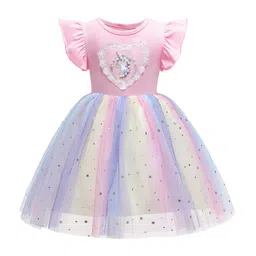 StyleCast Pink & Blue Embellished Flutter Sleeve Fit & Flare Dress-picture-19