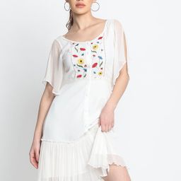 SHAYE Off White Floral Tie-Up Neck Georgette A-Line Dress-picture-45