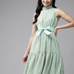 BAESD Floral Printed High Neck Belted Georgette A-Line Dress-picture-34
