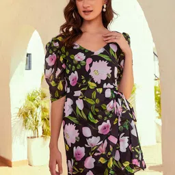 Athena Black & Lavender Floral Printed Tie-Up Georgette A-Line Mini Dress-image-32
