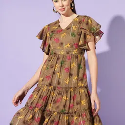 Slenor Floral Printed Flutter Sleeves Tiered Georgette Fit and Flare Dress-image-71
