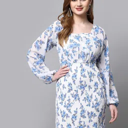 aayu Floral Printed Square Neck Puff Sleeves Pleated Smocked Georgette Sheath Dress-image-47