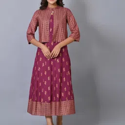 IQRAAR Purple Ethnic Motifs Printed Midi Dress-image-83