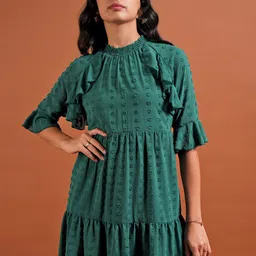 Tokyo Talkies Green Self Design Bell Sleeves Ruffles A-Line Dress-picture-38