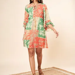 Marigold Lane Floral Printed Bell Sleeves Gathered A-Line Dress-picture-34