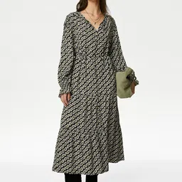 Marks & Spencer Floral Printed Cuffed Sleeves Gathered A-Line Midi Dress-picture-27
