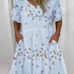 KPOP White Graphic Printed A-Line Dress-picture-26