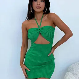 StyleCast Green Self Design Halter Neck Cut-Out Bodycon Mini Dress-picture-29