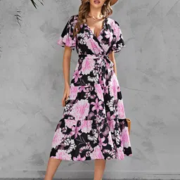 StyleCast Floral Printed Flared Sleeves Wrap Midi Dress image 3