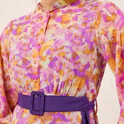 Antheaa Purple Floral Print Mandarin Collar Puff Sleeve Chiffon Fit & Flare Midi Dress image 2