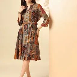 Anouk Ethnic Motifs Printed Mandarin Collar Tie-Ups Detail A-Line Dress-image-68