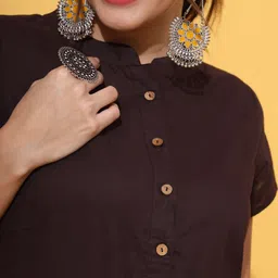 DECKEDUP Mandarin Collar Gathered Cotton Fit & Flare Maxi Ethnic Dress image 2