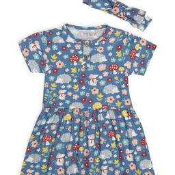 MiArcus Girls Blue Fit & Flare Cotton Dress With Hairband image 2