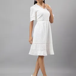 Latin Quarters Self Design Schiffli V-Neck Fit & Flare Dress image 3