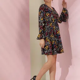 Stylecast X Kotty Black & Red Floral Printed Bell Sleeve Crepe Fit & Flare Dress image 3