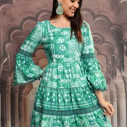 Vishudh Green Geometric Printed Bell Sleeves Gathered Fit & Flare Dress image 5