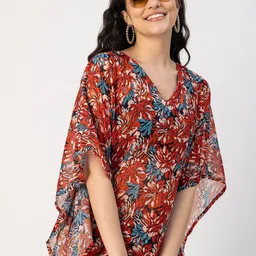 Moomaya Floral Print Kimono Sleeve Georgette Kaftan Maxi Dress image 4