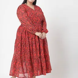 plusS Plus Size Orange & Black Abstract Printed V-Neck Puff Sleeves Fit & Flare Dress image 3