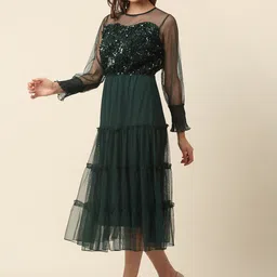plusS Green Tiered Sequinned Fit & Flare Midi Dress image 3