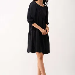 AASK Boat Neck Puff Sleeves Gathered Detailed A-Line Dress image 2